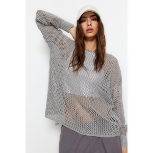 Trendyol Gray Super Wide Fit Cotton Openwork/Perforated Knitwear Sweater