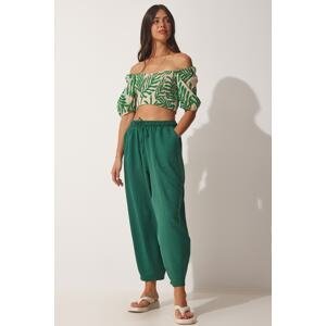 Happiness İstanbul Women's Emerald Green Pocketed Linen Viscose Shalwar Trousers
