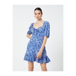 Koton Tropical Patterned Mini Dress Heart Neck