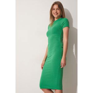Happiness İstanbul Women's Vivid Green Gathered Saran Daily Knitted Dress