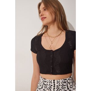 Happiness İstanbul Women's Black U Neck Openwork Crop Knitted Blouse