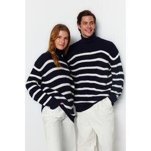Trendyol Navy Blue Unisex Oversize Fit Wide Fit Striped Knitwear Sweater