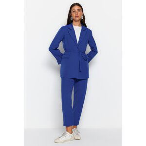 Trendyol Blue Tie Detailed Lined Crepe Jacket-Trousers Woven Two Piece Set