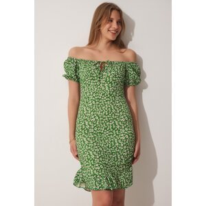 Happiness İstanbul Women's Green Gathered Carmen Collar Knitted Dress