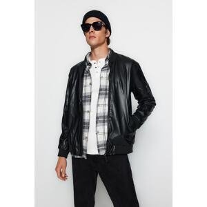 Trendyol Men's Black Regular Fit Bomber Collar Faux Leather Coat
