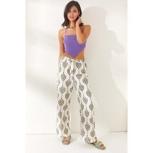 Olalook Women's Geometric Khaki Belted Patterned Linen Content Palazzo Trousers