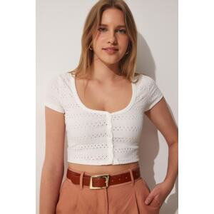 Happiness İstanbul Women's White U Neck Openwork Crop Knitted Blouse