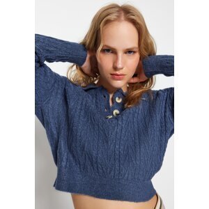 Trendyol Indigo Crop Soft Textured Hair Braided Knitwear Sweater