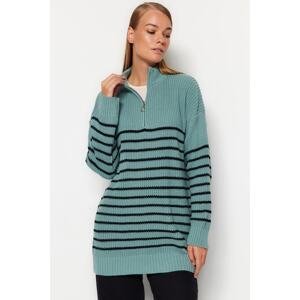 Trendyol Mint Striped Zipper Detail Knitwear Sweater