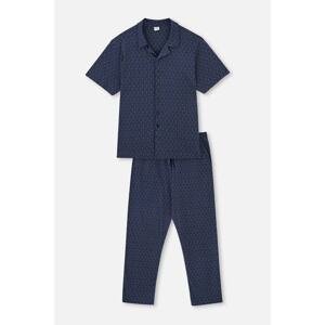 Dagi Navy Blue Shirt Collar Short Sleeve Patterned Pajamas Set