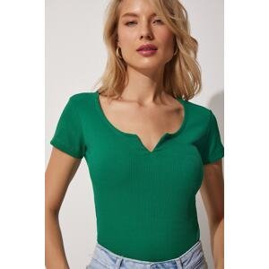 Happiness İstanbul Women's Vibrant Green Sweetheart Collar Corded Crop Knitted Blouse