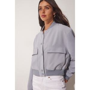 Happiness İstanbul Women's Gray Wide Pocket Bomber Jacket