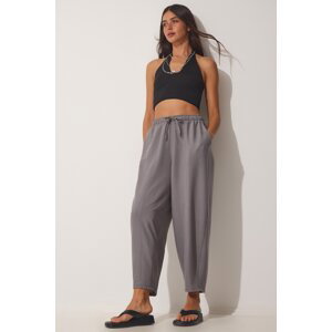 Happiness İstanbul Women's Gray Pocketed Linen Viscose Shalwar Trousers