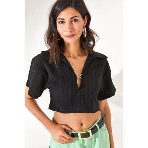 Olalook Women's Black Polo Collar Crop Blouse with Accessories