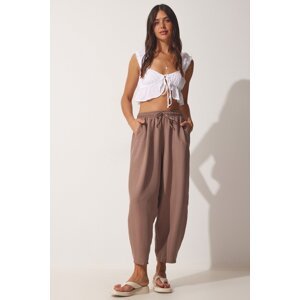 Happiness İstanbul Women's Mink Pocketed Linen Viscose Shalwar Trousers