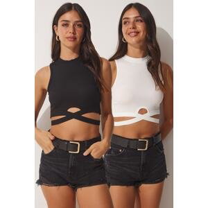 Happiness İstanbul Women's Black and White 2 Piece Halter Neck Ribbed Crop Knitted Blouse