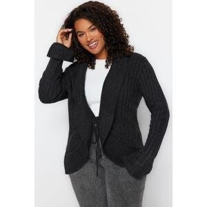 Trendyol Curve Anthracite Front Ruffle Tied Cardigan