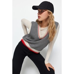 Trendyol Stone V-Neck Geometric Pattern Knitwear Sweater