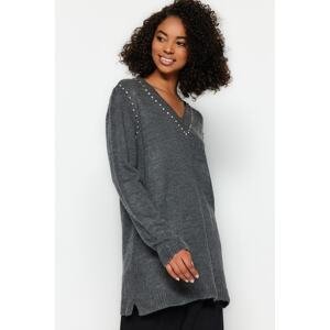 Trendyol Anthracite Stone Embroidery Detailed V-Neck Soft Knitwear Sweater