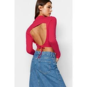 Trendyol Fuchsia Decollete High Neck Fitted/Situated Crop Cotton Stretch Knitted Blouse