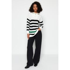 Trendyol Ecru Zipper Detailed Striped Knitwear Sweater