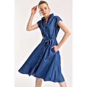 Bigdart 1677 Full Length Buttoned Waist Belt Denim Dress - Navy Blue