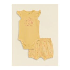 LC Waikiki Crew Neck Printed Organic Cotton Baby Girl Body and Shorts with snap fastener 2-set