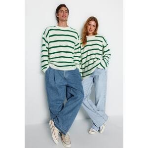 Trendyol Green Unisex Oversize Fit Wide Fit Crew Neck Striped Knitwear Sweater