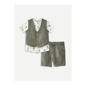 LC Waikiki Big Collar Short Sleeved Printed Baby Boyfriend Shirt, Vest And Shorts 3-Set Set