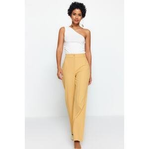 Trendyol Camel Straight/Straight Cut High Waist Ribbed Stitched Woven Trousers