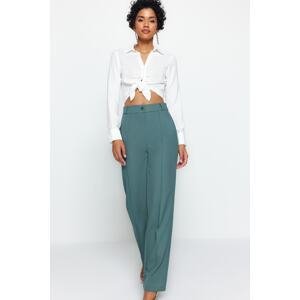 Trendyol Dark Green Straight Cut High Waist Ribbed Stitched Woven Trousers