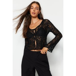 Trendyol Black V Neck Button Detailed Lace Knitted Blouse