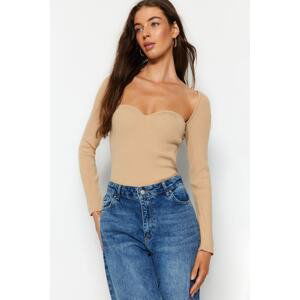 Trendyol Mink Heart Neck Detailed Knitwear Sweater