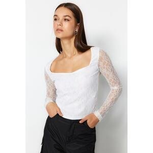 Trendyol White Lace Back Sheer Square Neck Fitted Long Sleeve Crop Knitted Blouse