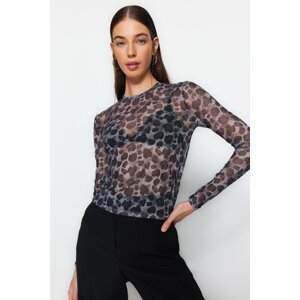 Trendyol Black Printed Tulle Fitted Crop Stretchy Knitted Blouse