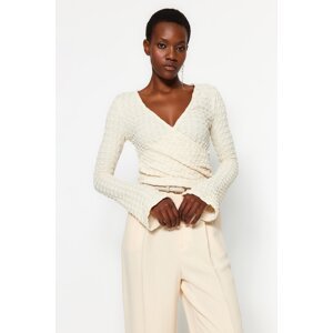Trendyol Beige Premium Textured Fabric Double Breasted Neck Regular/Normal Fit Crop Knitted Blouse