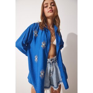 Happiness İstanbul Women's Cobalt Blue Sparkly Printed Oversized Airobine Shirt
