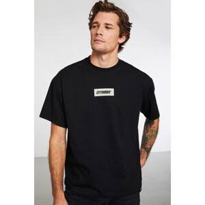 GRIMELANGE Invention Men's Oversize Fit 100% Cotton Thick Textured Printed Black T-shir