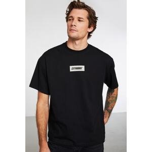 GRIMELANGE Innovation Men's Oversize Fit 100% Cotton Thick Textured Printed Black T-shirt