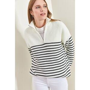 Bianco Lucci Women's Turtleneck Zippered Six Striped Knitwear Sweater
