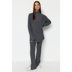 Trendyol Anthracite Ribbed Basic Trousers Knitwear Two Piece Set