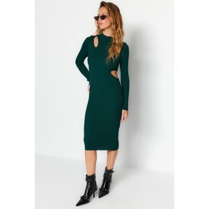 Trendyol Emerald Green Midi Knitwear Fitted Window/Cut Out High Collar Dress