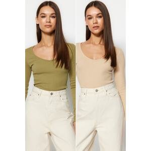 Trendyol 2-Pack Khaki-Beige V-Neck Fitted Cotton Stretch Knit Blouse