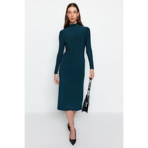 Trendyol Emerald Green Draped Detail High Neck A-Line Stretch Midi Knitted Dress