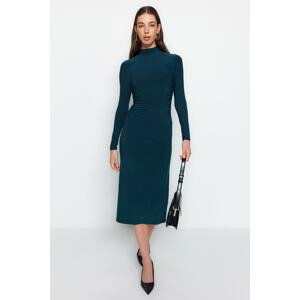 Trendyol Emerald Green Drape Detailed High Collar A-Line Flexible Midi Knitted Dress