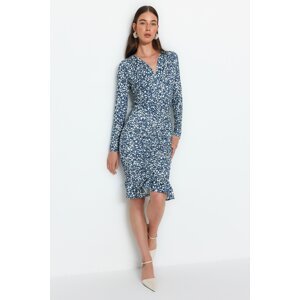 Trendyol Blue Printed and Gathered Fitted V-Neck Long Sleeve Mini Stretchy Knitted Dress