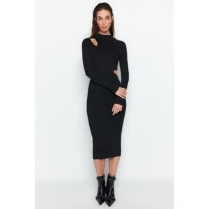 Trendyol Black Midi Knitwear Fitted Window/Cut Out High Collar Dress