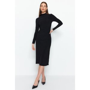 Trendyol Black Draped Detail High Neck A-Line Stretch Midi Knitted Dress