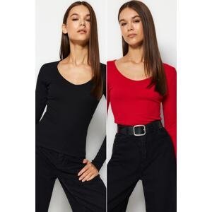 Trendyol Black-Red 2-Pack V-Neck Fitted Cotton Stretchy Knitted Blouse