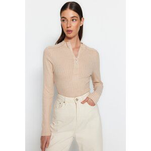 Trendyol Beige Zipper Collar Fitted/Fit-fitting Ribbed Stretchy Knitted Blouse
